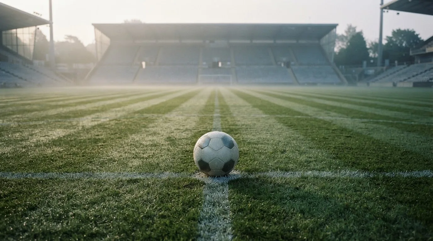 Ein einzelner Fussball liegt auf dem Anstosspunkt eines leeren Rasenplatzes am frühen Morgen, Tau glitzert auf dem Gras, die Tribüne liegt im Dunst.