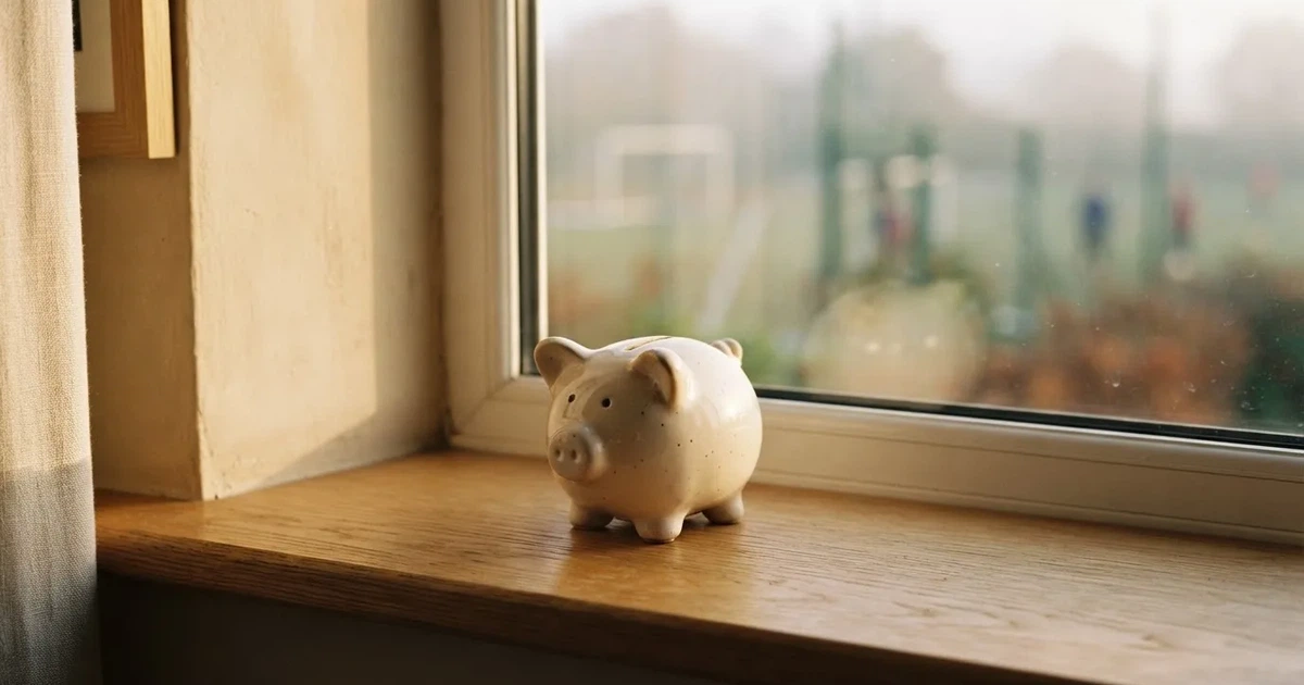 Ein kleines Sparschwein aus Keramik steht auf einem Fensterbrett, im Hintergrund ein verschwommener Rasenplatz im Morgenlicht.