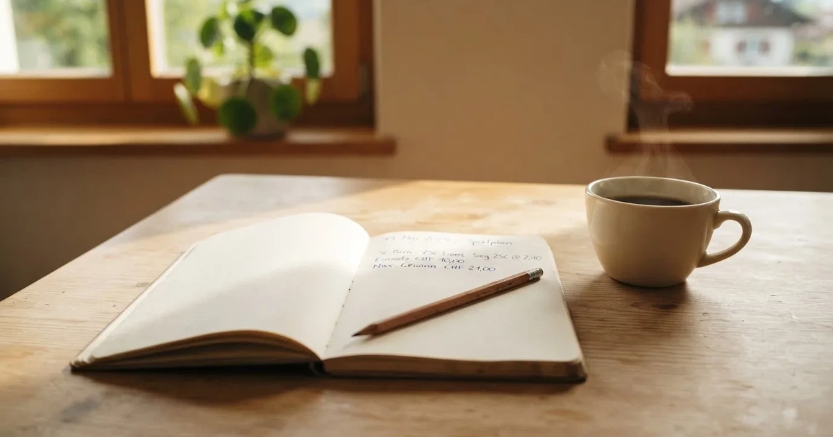 Ein Taschenrechner und ein Bleistift liegen auf einem hellen Küchentisch neben einer Tasse Kaffee, Sonnenlicht fällt schräg über die Tischplatte.