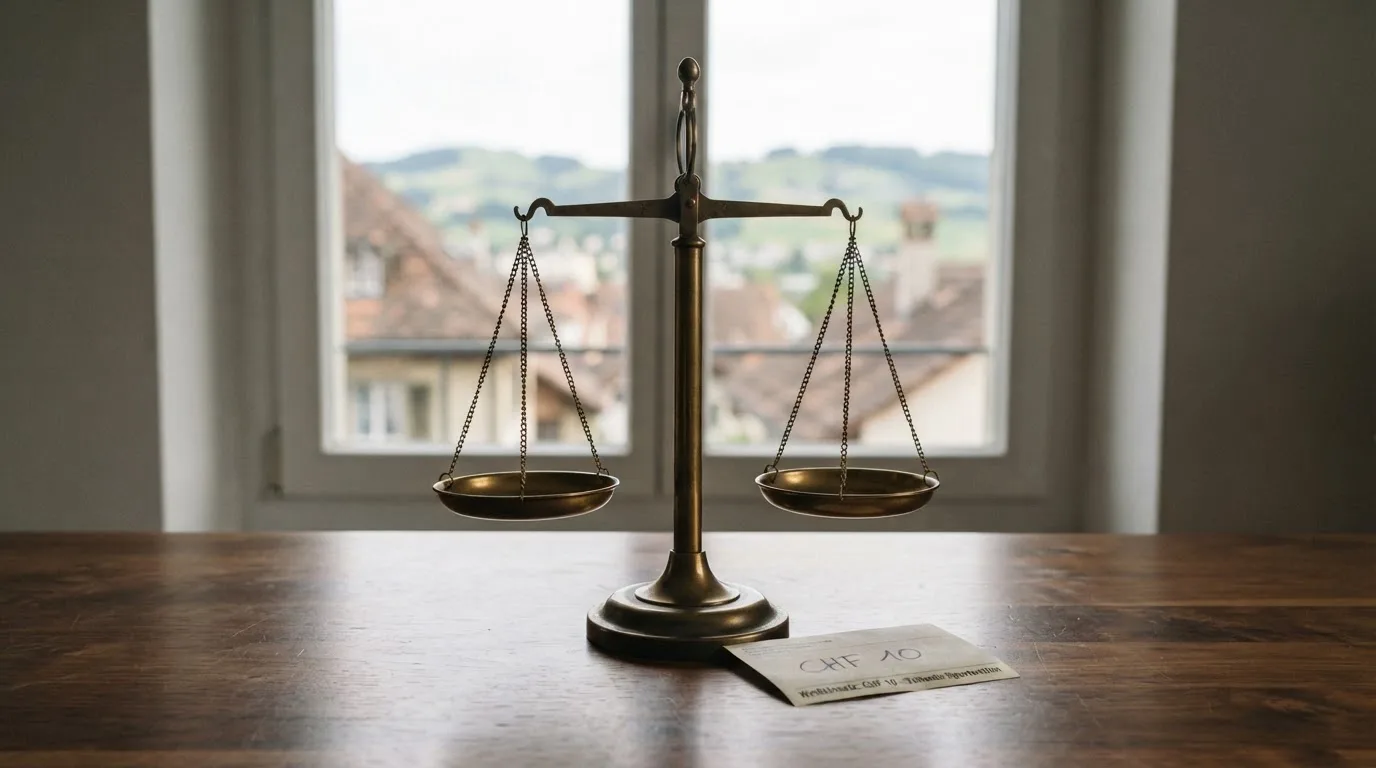 Eine Waage aus Messing steht auf einem polierten Schreibtisch vor einem Fenster mit Blick auf Dächer und sanfte Hügel.