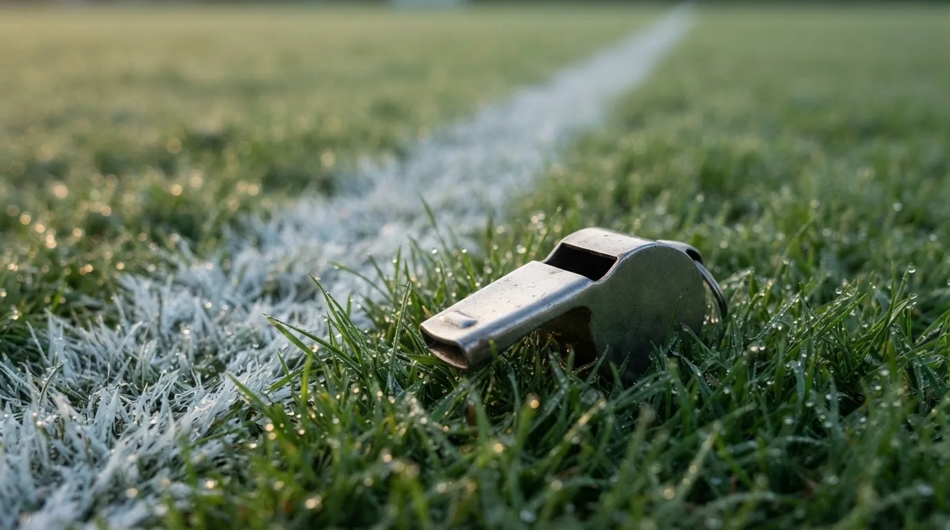 Eine Trillerpfeife liegt auf dem Rasen neben der Mittellinie, Tau hängt an den Halmen, im Hintergrund ein leerer Spielfeldrand.