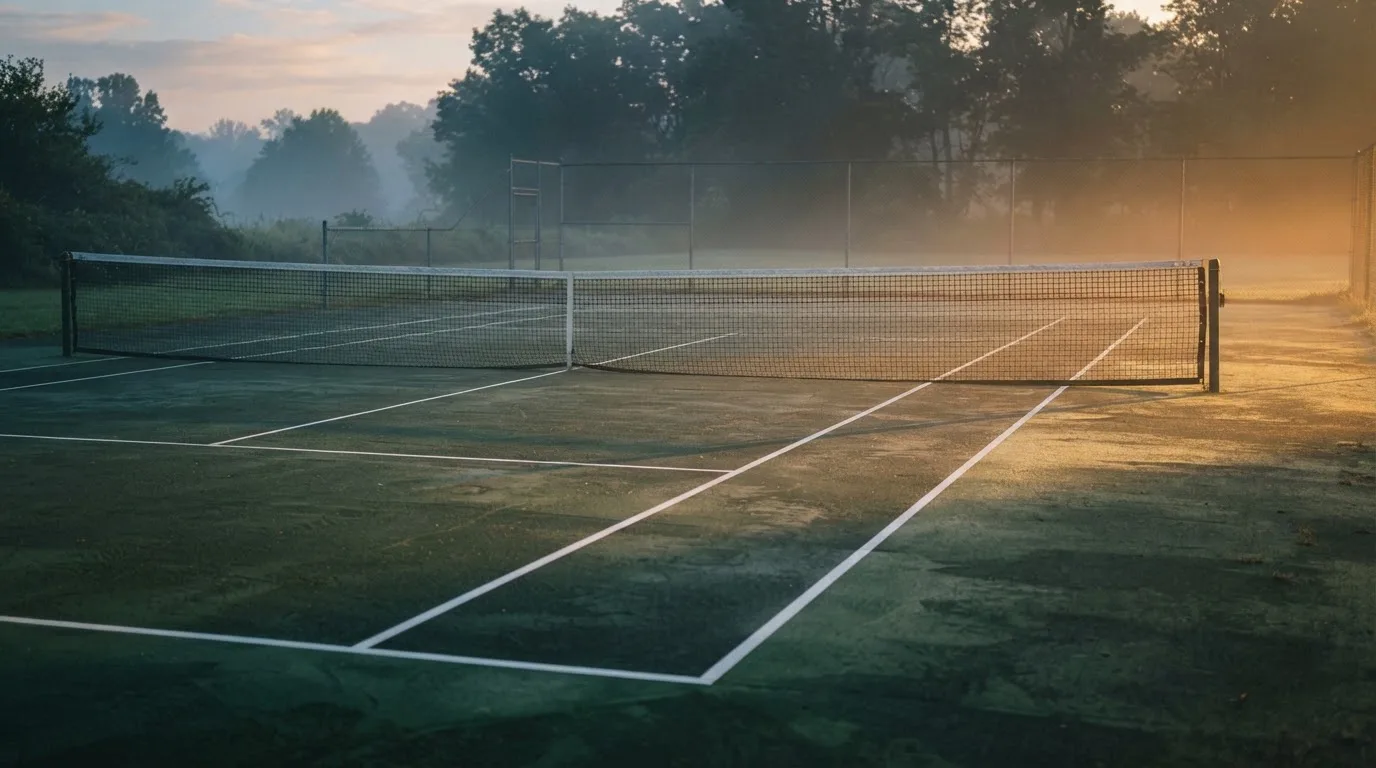 Ein Tennisplatz bei Sonnenaufgang, die Linien frisch gezogen, das Netz in der Mitte und Nebel über dem Boden.
