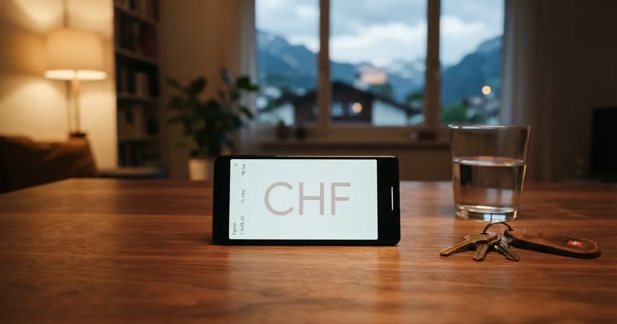 Ein Smartphone mit schwarzem Display liegt auf einem Holztisch neben einem Glas Wasser und einem Schlüsselbund.