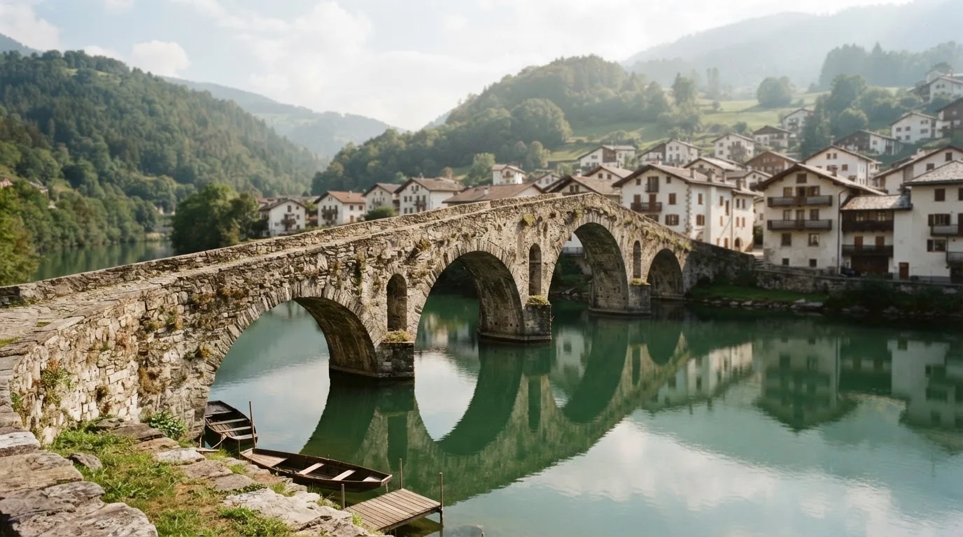 Eine alte Steinbrücke über einen ruhigen Fluss, dahinter Häuser mit Ziegeldächern und bewaldete Hügel.