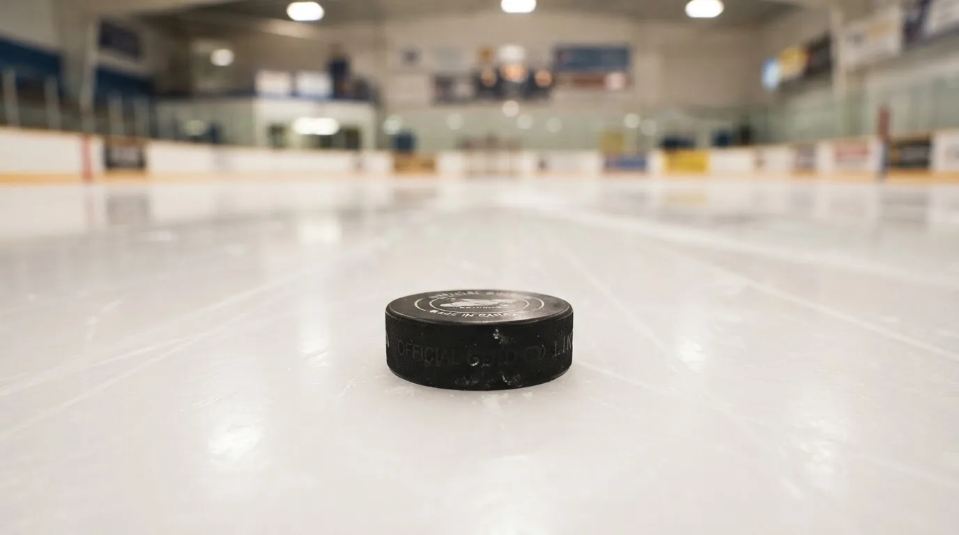 Ein Eishockeypuck liegt auf dem Eis, im Hintergrund unscharf die Bande unter hellem Hallenlicht.