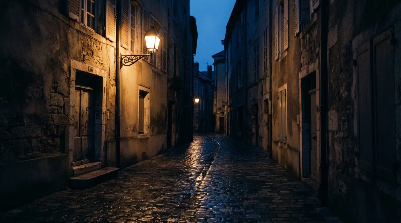 Eine Strassenlaterne in einer leeren Gasse am Abend, das nasse Kopfsteinpflaster spiegelt das warme Licht.
