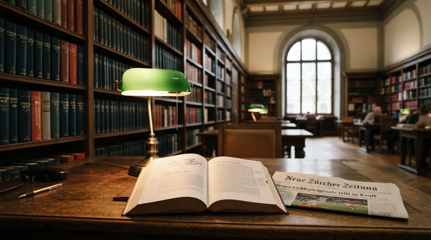 Eine Bibliothek mit hohen Holzregalen voller Bücher, im Vordergrund ein Lesetisch mit grüner Lampe.