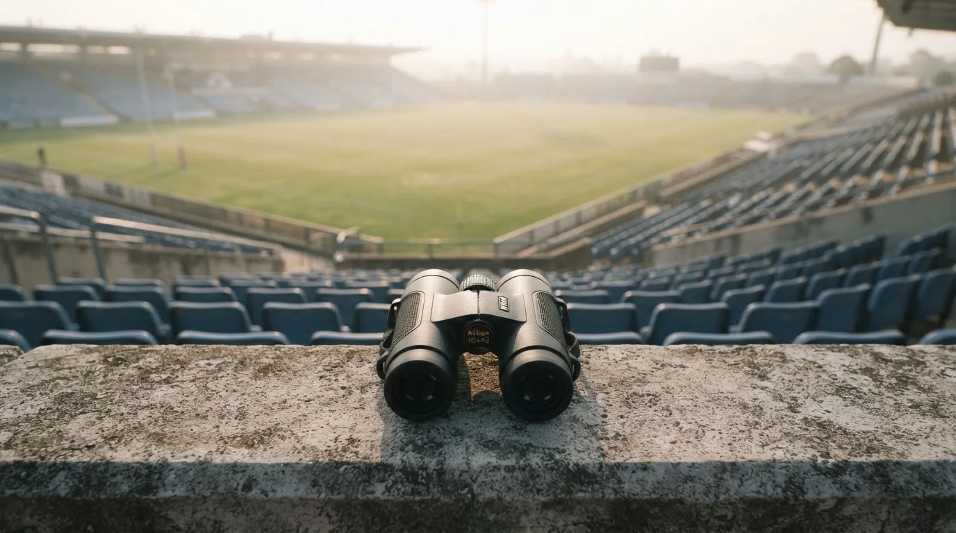 Ein Fernglas liegt auf der Brüstung einer leeren Tribüne, dahinter ein grünes Spielfeld im Dunst.
