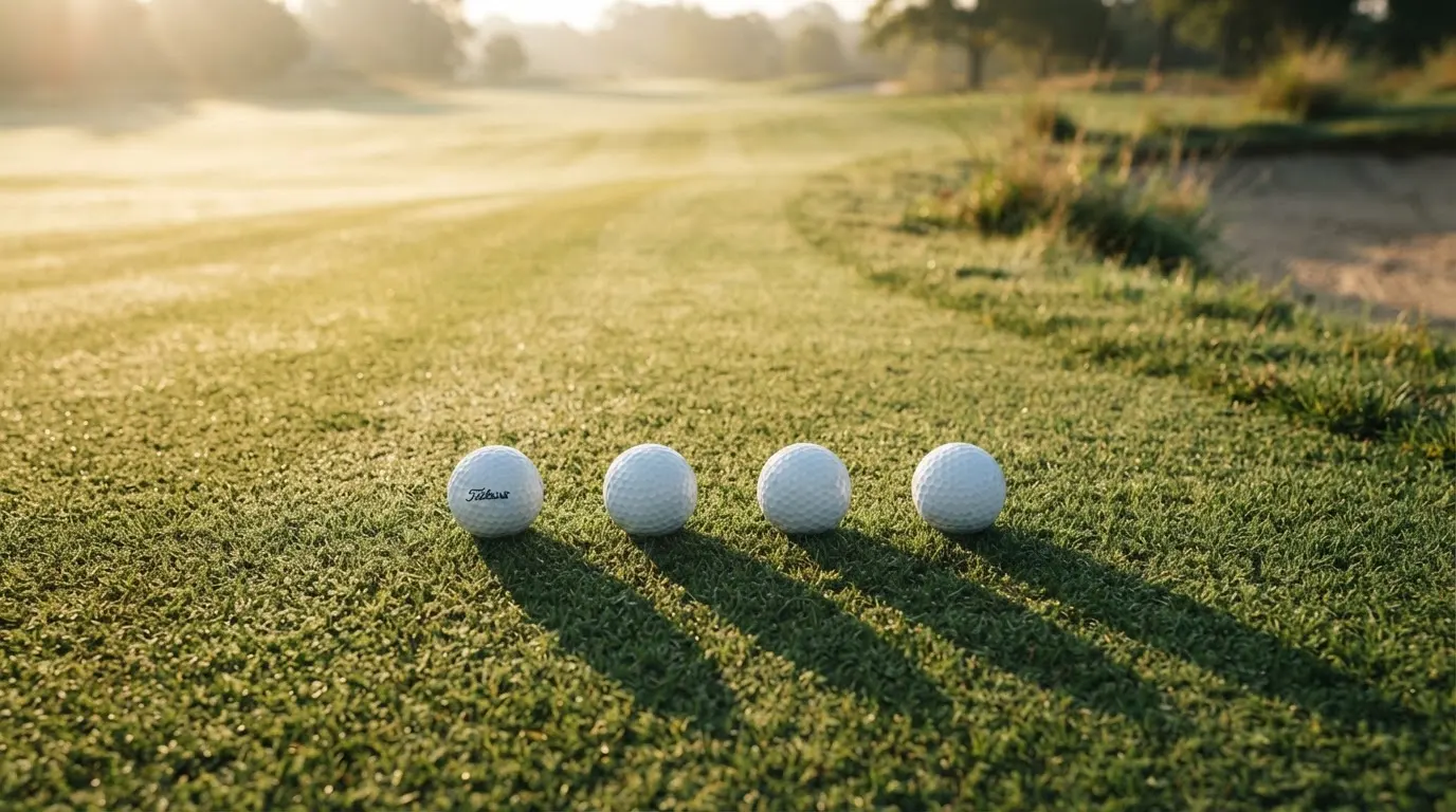 Vier Golfbälle liegen in einer Reihe auf kurz geschnittenem Rasen, das Licht der Morgensonne wirft lange Schatten.