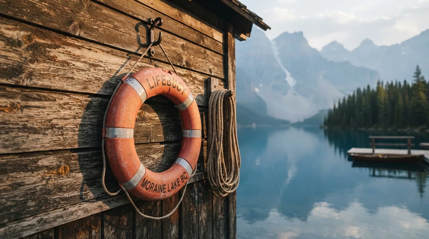Ein Rettungsring hängt an der Holzwand eines Bootshauses am See, im Hintergrund Berge im Dunst.