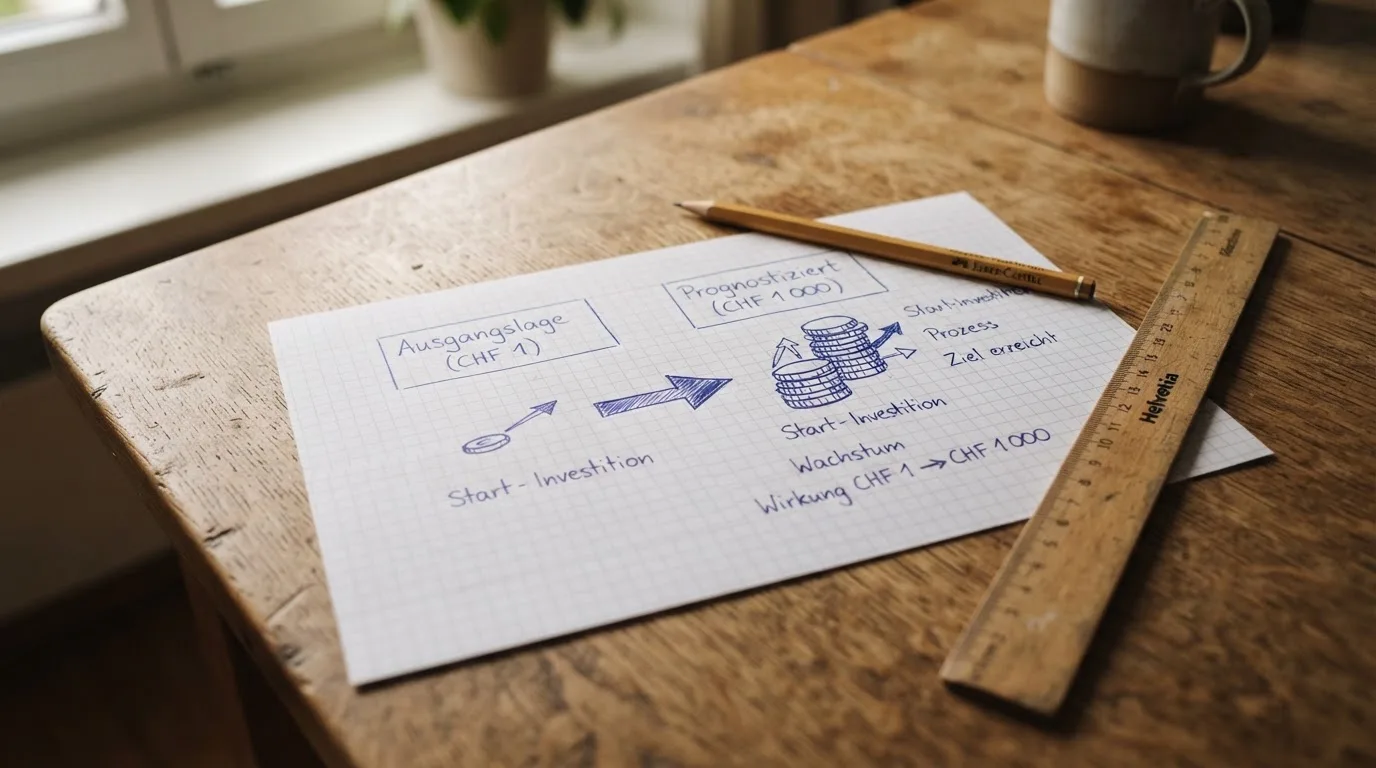 Ein Lineal, ein Bleistift und ein kariertes Blatt liegen auf einem Schreibtisch, auf dem Blatt sind Linien und Pfeile von Hand gezeichnet.