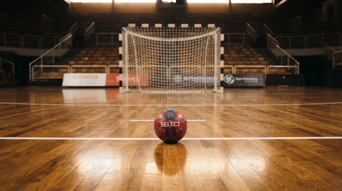 Ein Handball liegt auf dem Hallenboden vor einem Tor, das Hallenlicht spiegelt sich im Parkett.