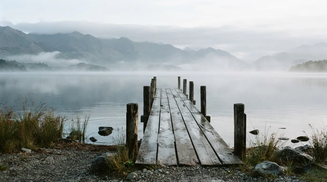 Ein Seeufer mit einem hölzernen Steg, Nebel liegt über dem Wasser, am anderen Ufer erheben sich Berge.