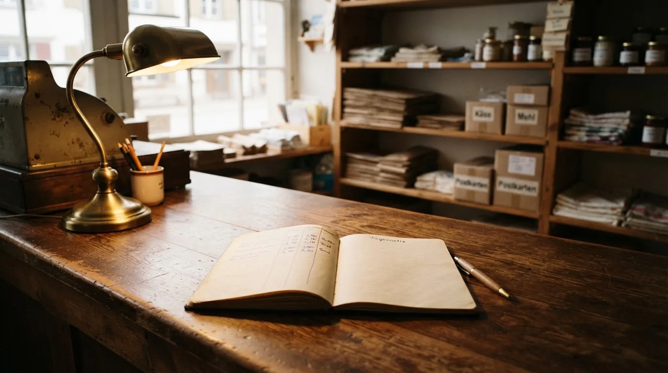 Ein alter Holztresen mit einem Notizbuch und einem Taschenrechner in warmem Lampenlicht, Regale im Hintergrund.