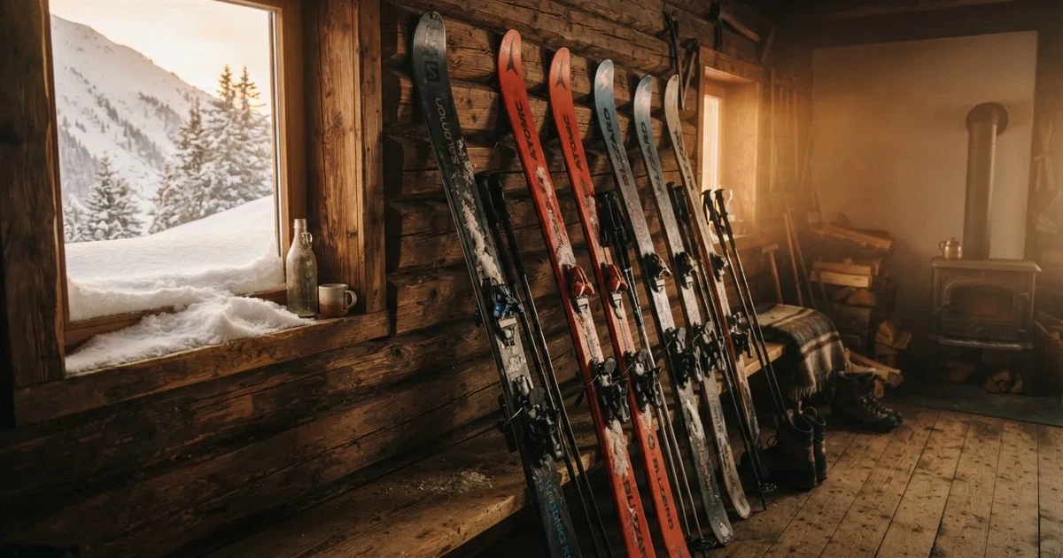 Mehrere Skier und Stöcke lehnen ordentlich in einer Reihe an der Holzwand einer Berghütte, vor dem Fenster liegt Schnee.