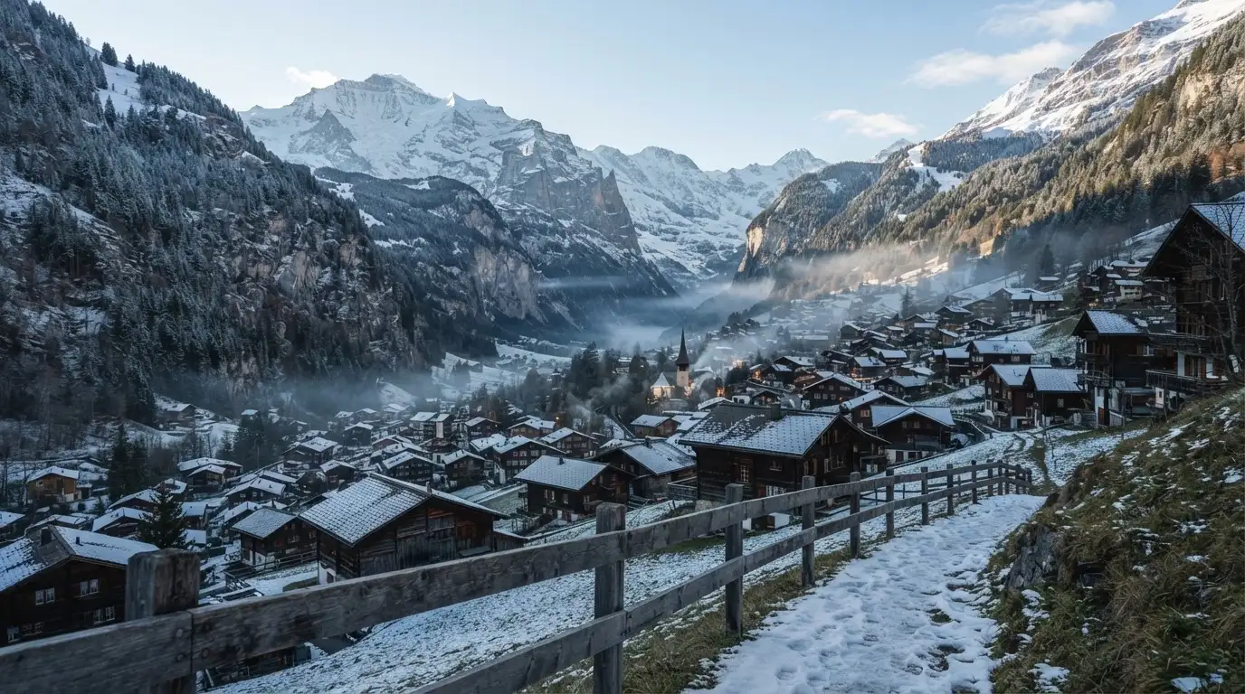 Ein Bergdorf mit Holzhäusern im Tal an einem klaren Morgen, über den Dächern liegen Nebelschwaden und in der Höhe Gipfel.