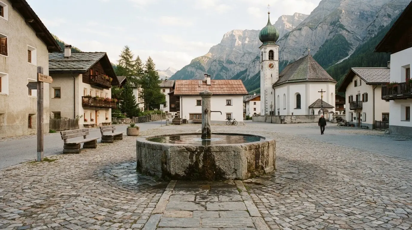Ein Brunnen auf einem Dorfplatz mit Kopfsteinpflaster, im Hintergrund eine Kirche mit Zwiebelturm und Berge.