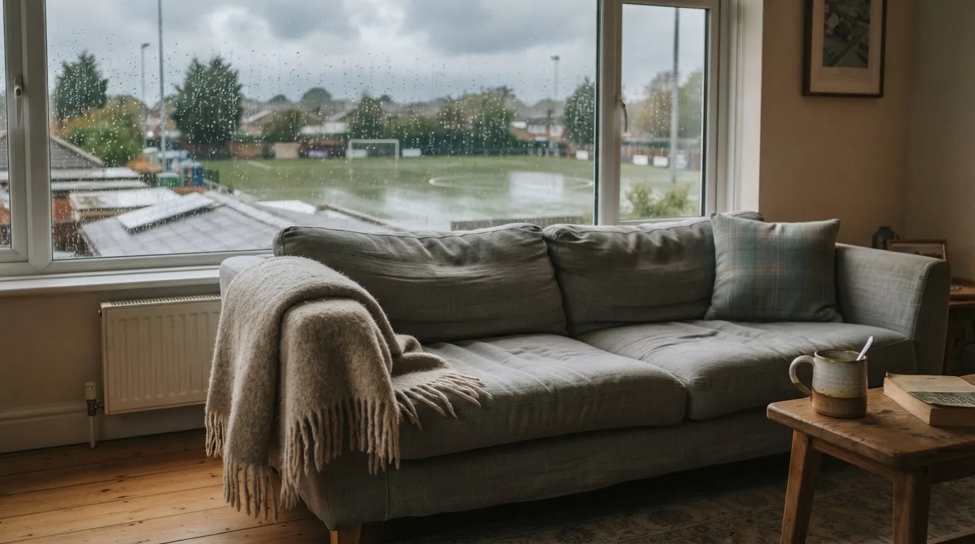 Ein Sofa mit Wolldecke steht vor einem grossen Fenster, draussen Regen und in der Ferne ein Fussballplatz.