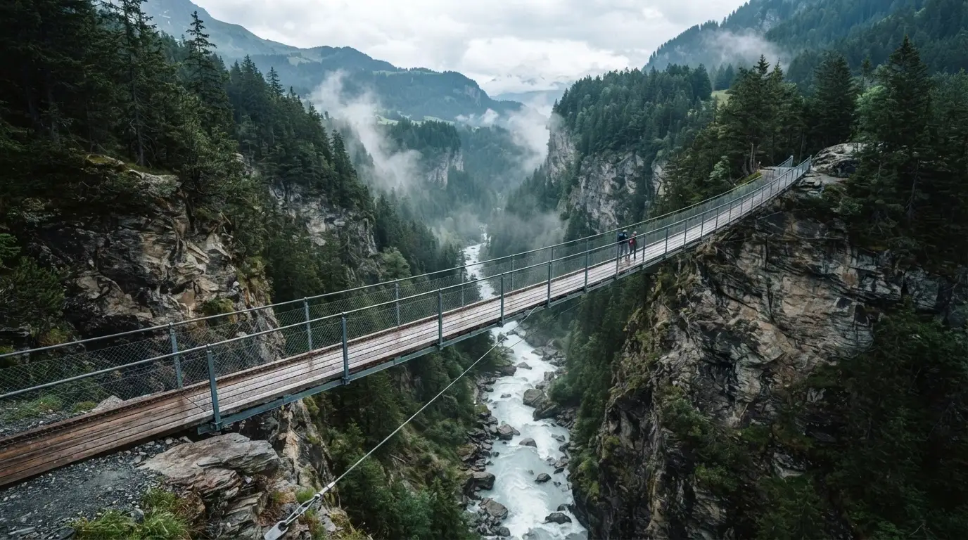 Eine Hängebrücke spannt sich über eine tiefe Schlucht, unten rauscht ein Fluss zwischen bewaldeten Felswänden.