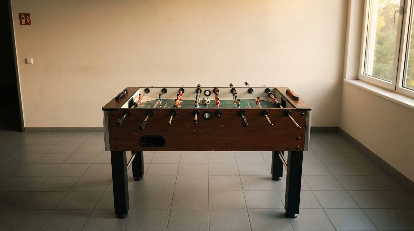 Ein Tischfussballtisch steht in einem leeren Aufenthaltsraum, Nachmittagslicht fällt durch ein Fenster.