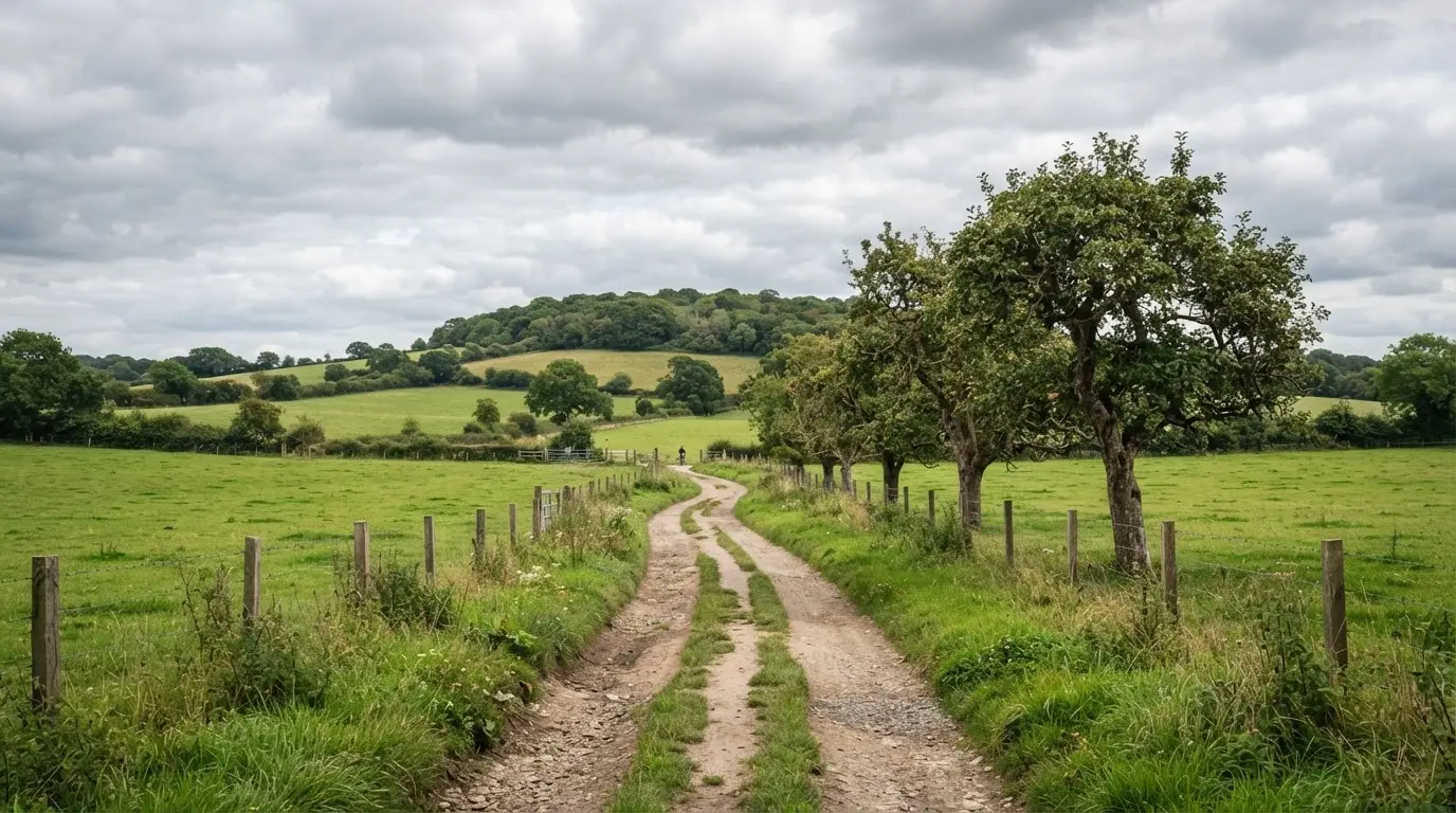Ein Feldweg führt zwischen Wiesen zu einem Hügel, der Himmel ist bewölkt, am Wegrand stehen Obstbäume.