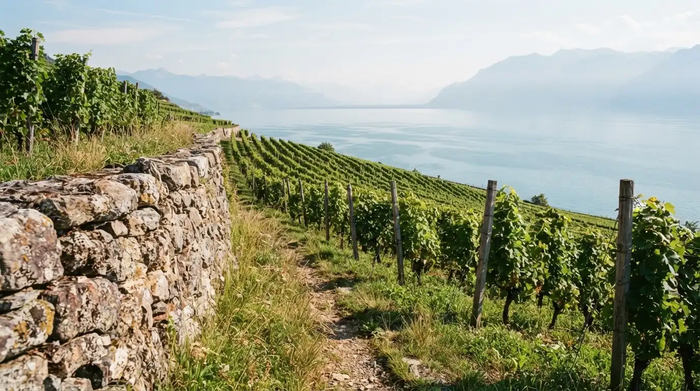 Eine Mauer aus Natursteinen am Wegrand, dahinter Weinberge, die zu einem See hinabführen.