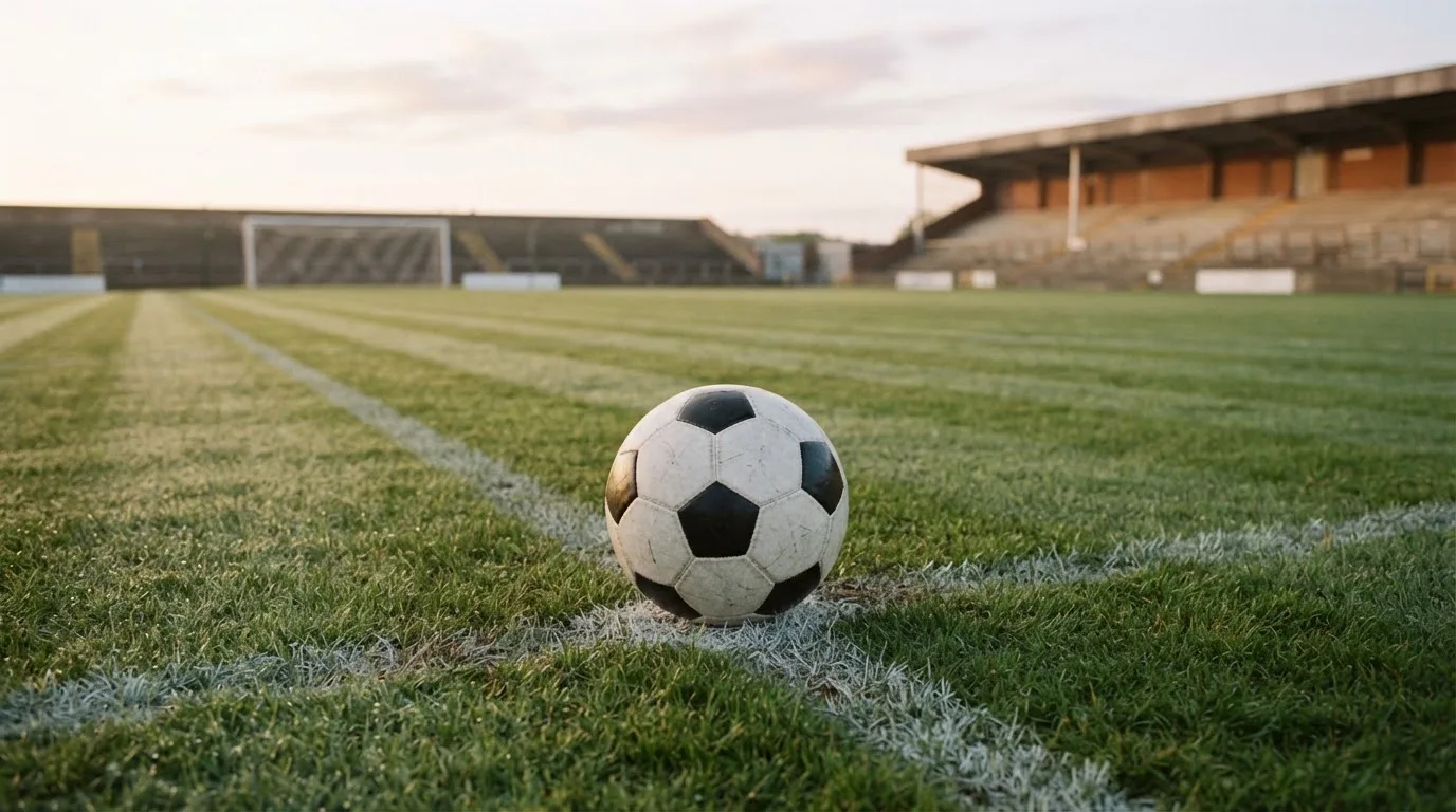 Ein Fussball liegt auf dem Anstosspunkt eines leeren Rasenplatzes im frühen Morgenlicht, dahinter erhebt sich eine menschenleere Tribüne.