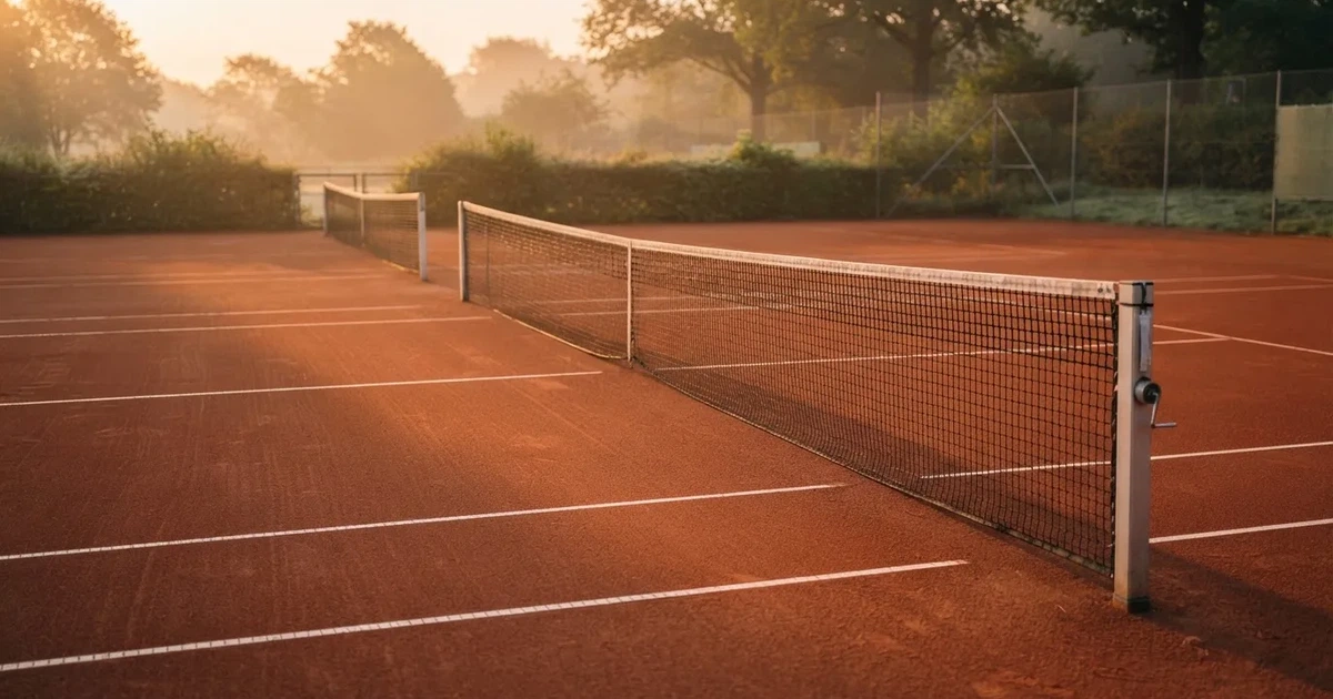 Ein Sandplatz für Tennis liegt bei Sonnenaufgang still da, das Netz wirft einen langen Schatten über die weissen Linien.