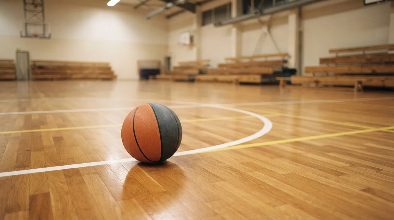 Ein Basketball liegt auf dem Parkett einer leeren Halle, von den Deckenlampen fällt gleichmässiges Licht auf den Boden.