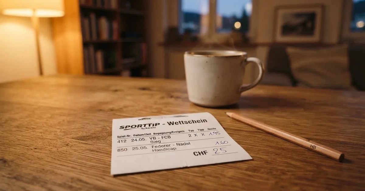 Ein leerer Wettschein aus Papier liegt auf einem Holztisch neben einem Bleistift und einem Kaffeebecher.