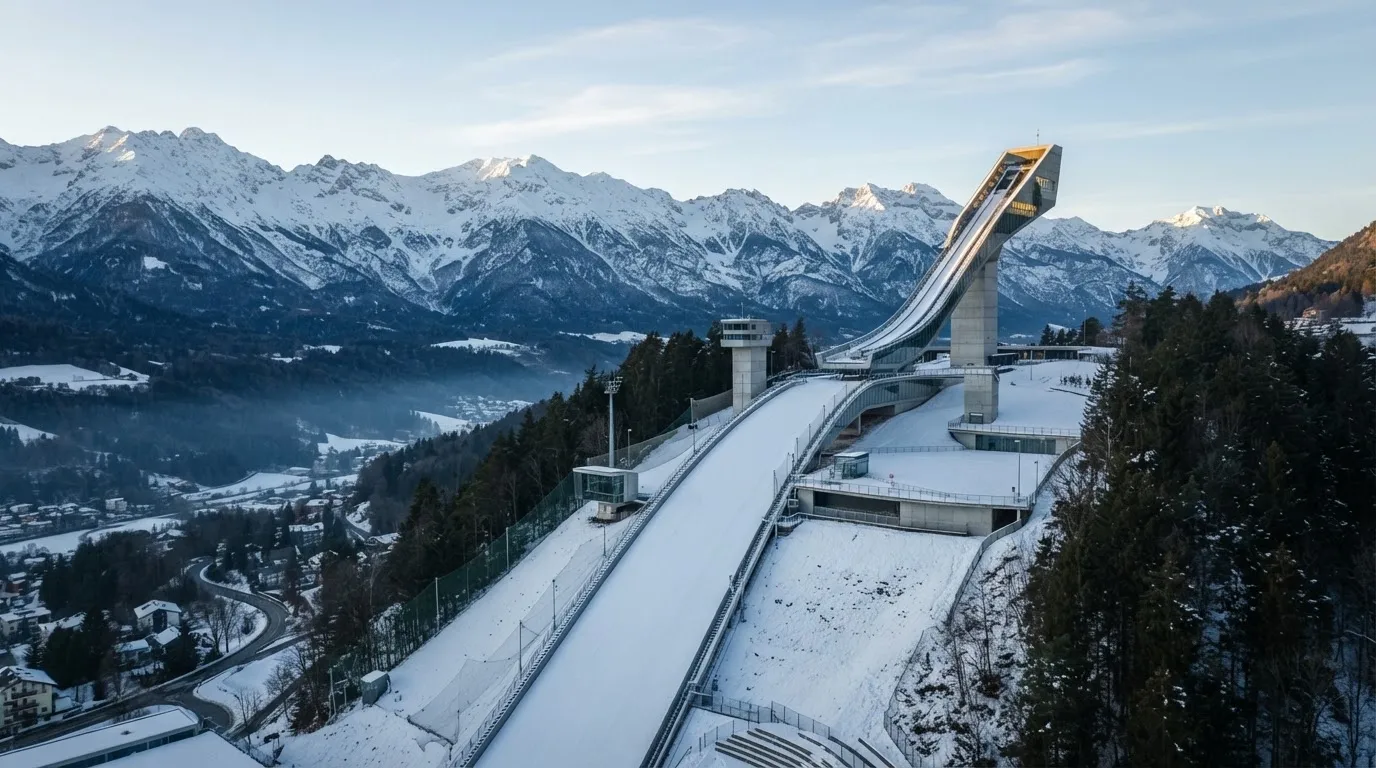 Eine Skisprungschanze erhebt sich vor verschneiten Bergen im Morgenlicht, die Hänge sind unberührt und ruhig.