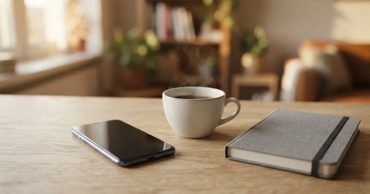 Ein Smartphone mit dunklem Display liegt neben einer Kaffeetasse auf einem hellen Tisch, daneben ein Notizblock.