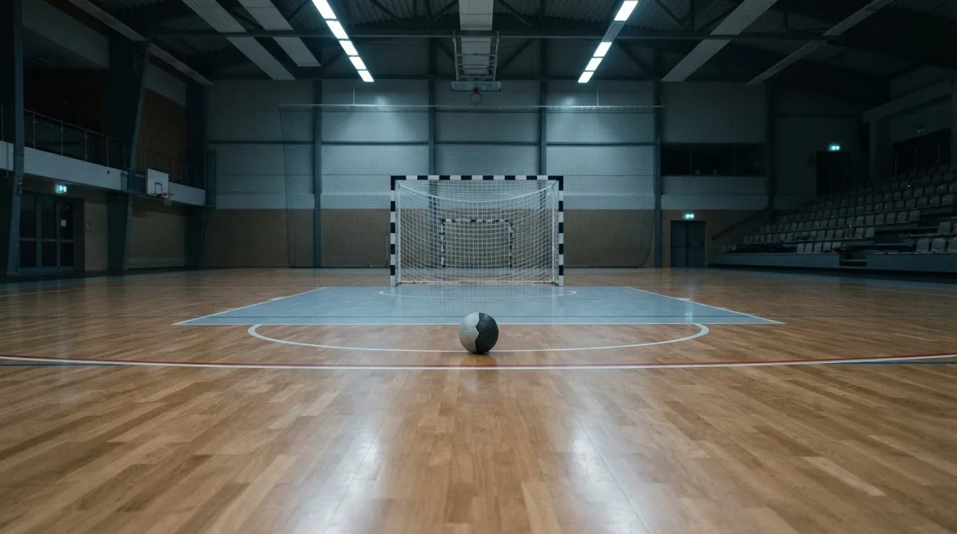 Ein Handballtor in einer leeren Sporthalle, der Ball liegt im Torraum und das Hallenlicht spiegelt sich im Parkett.