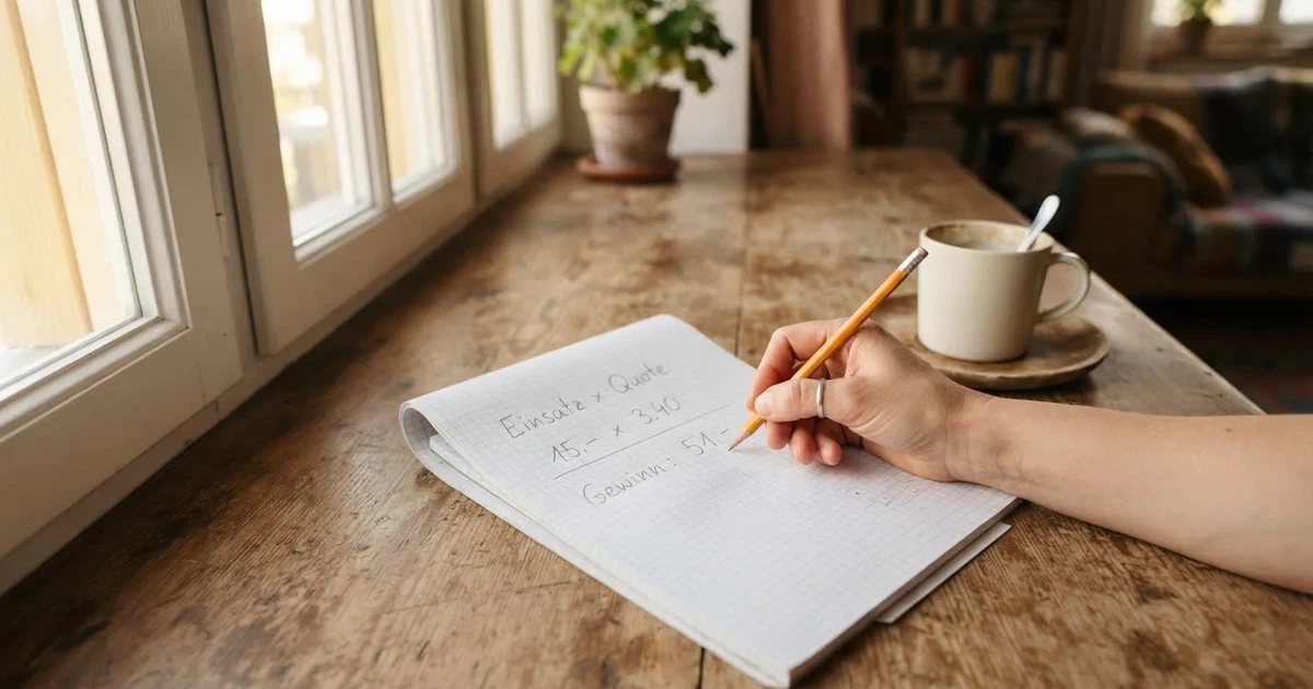 Ein Taschenrechner und ein Bleistift liegen auf kariertem Papier neben einer Tasse Kaffee, ein Fensterplatz mit Tageslicht.