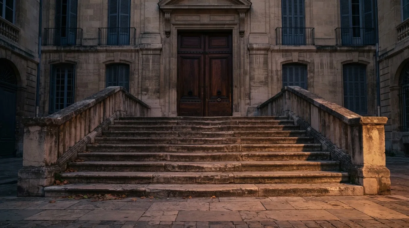 Eine breite Steintreppe führt zu einem hohen Portal aus dunklem Holz, das Licht der Dämmerung liegt auf den Stufen.