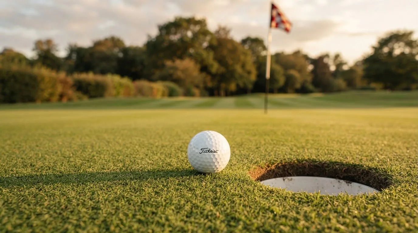 Ein Golfball liegt auf einem gepflegten Grün nahe am Loch, im goldenen Licht der Abendsonne.