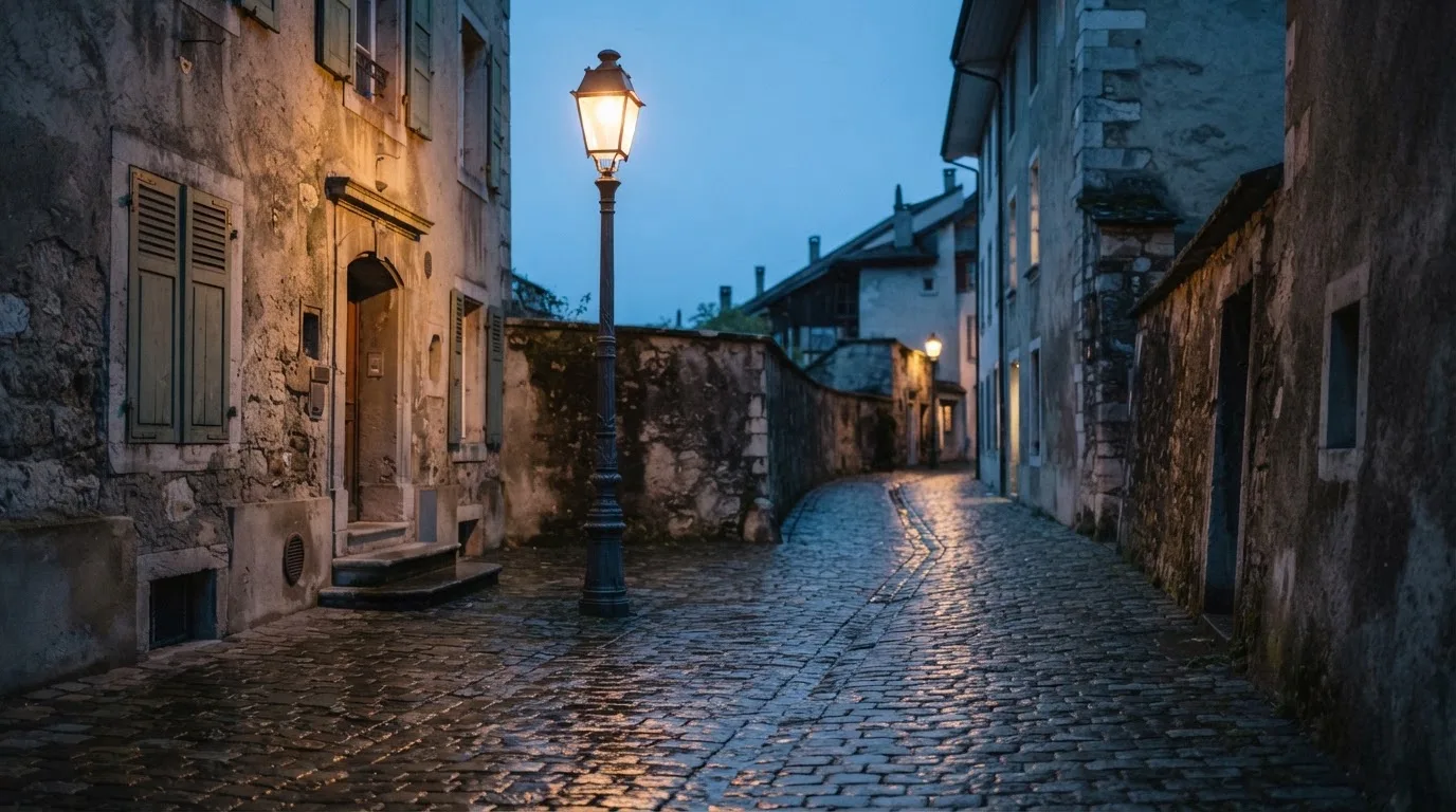 Eine gusseiserne Strassenlaterne in einer ruhigen Altstadtgasse am Abend, das Kopfsteinpflaster glänzt feucht.