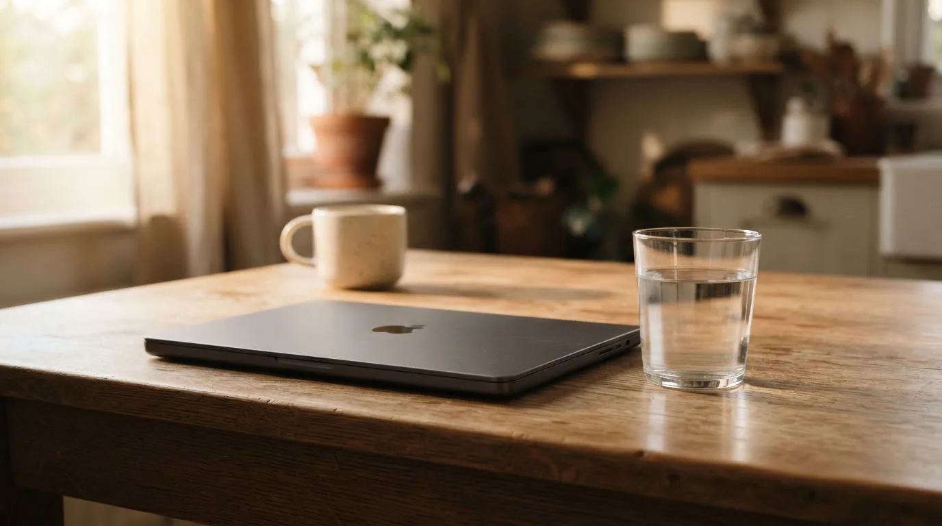 Ein geschlossener Laptop steht neben einem Glas Wasser auf einem Küchentisch im Licht des frühen Morgens.
