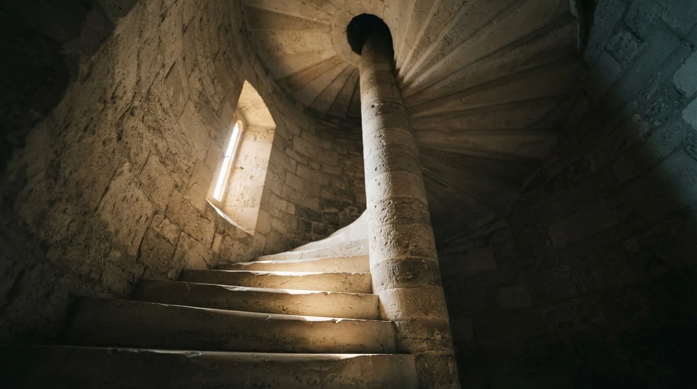 Eine Wendeltreppe aus Stein in einem alten Gebäude, Licht fällt durch ein schmales Fenster auf die Stufen.