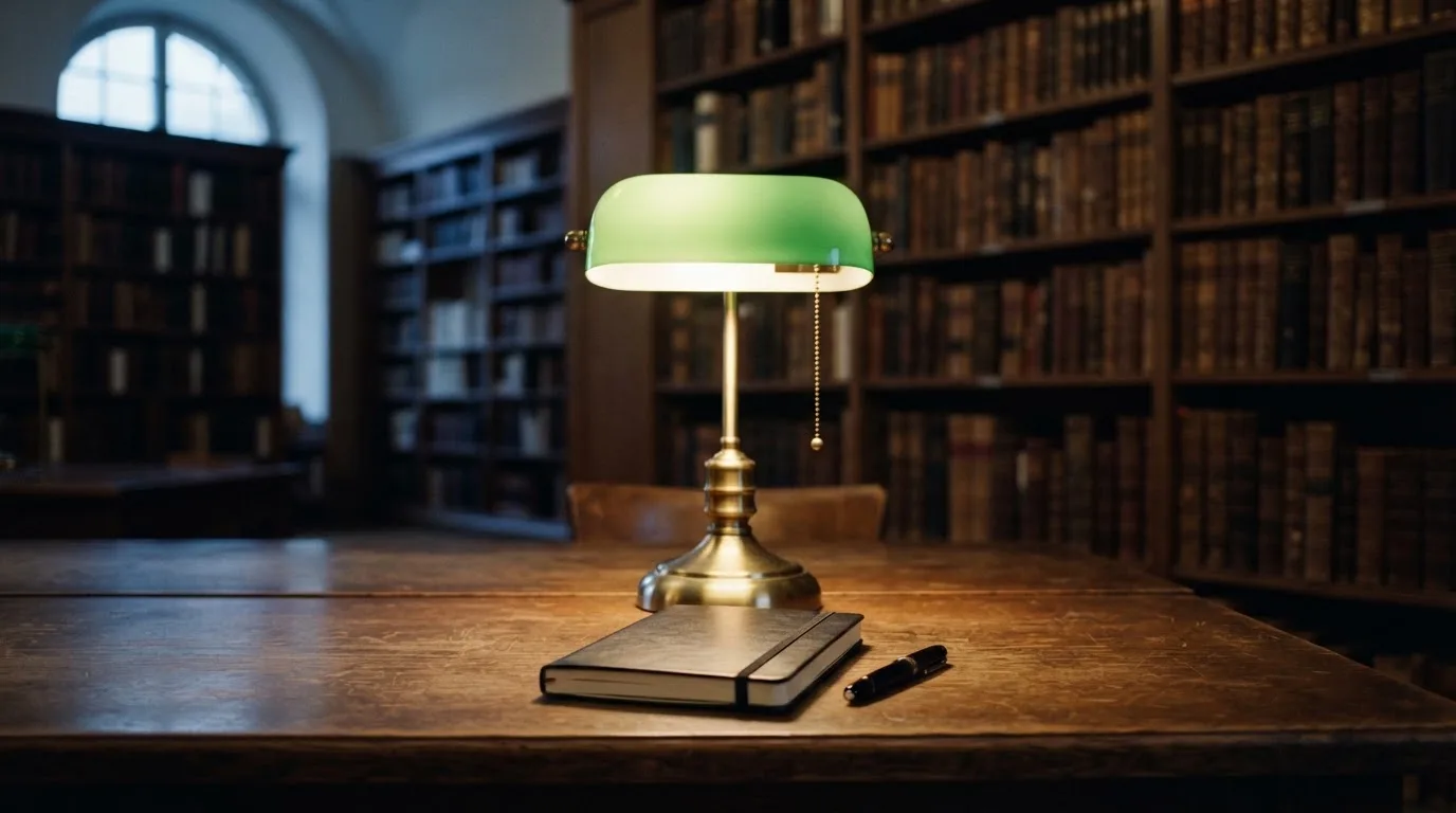 Eine Tischlampe mit grünem Schirm leuchtet auf einem Schreibtisch in einer stillen Bibliothek mit hohen Regalen.