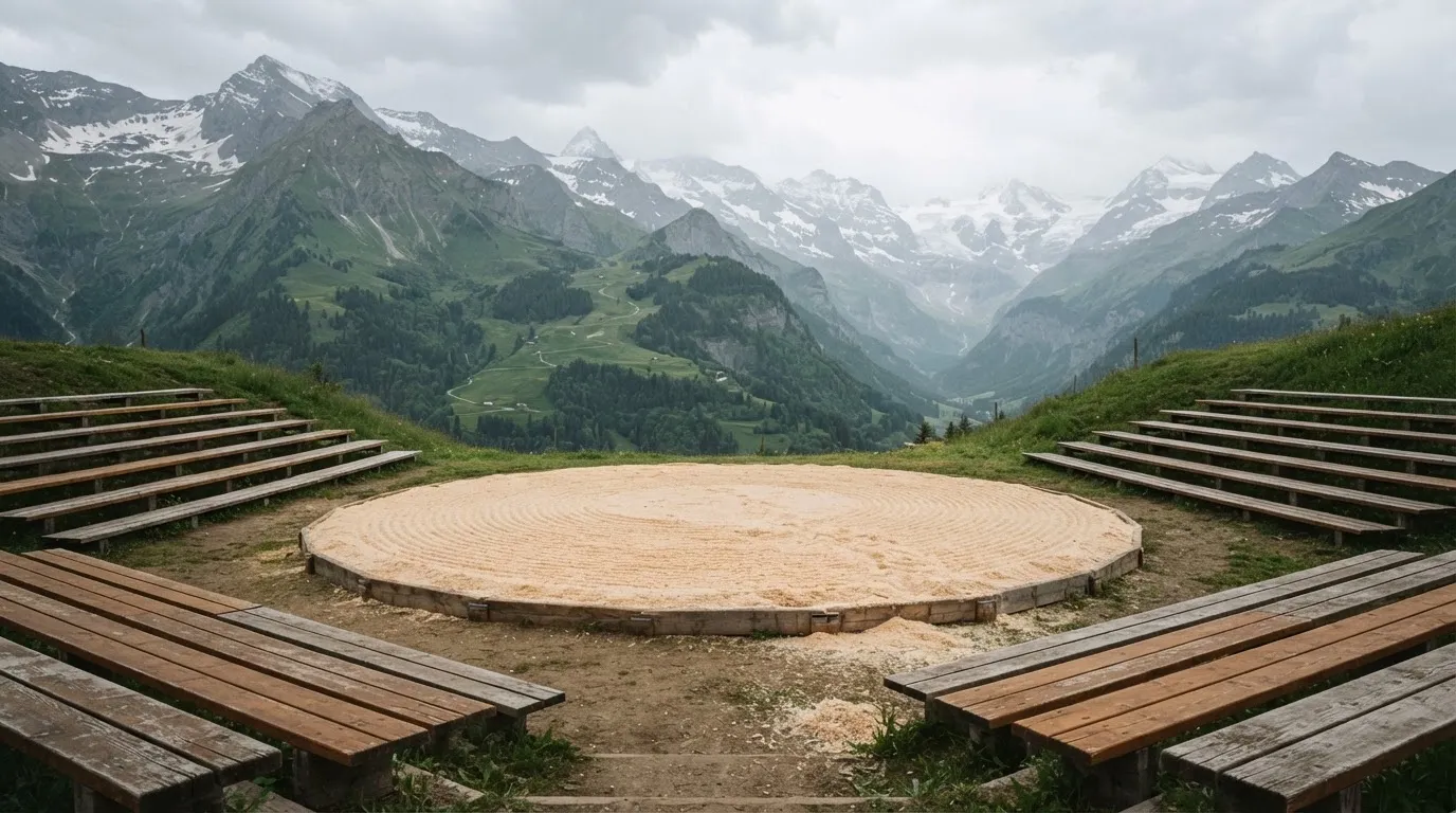 Ein Sägemehlring zwischen Tribünen aus Holz vor Alpenkulisse, ruhig und menschenleer unter bewölktem Himmel.