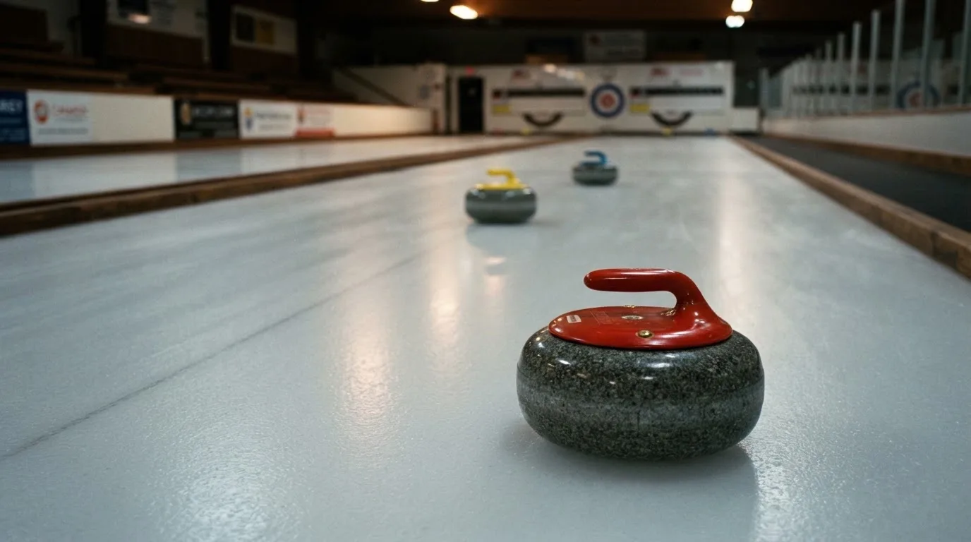 Mehrere Curlingsteine liegen auf einer glatten Eisfläche in einer leeren Halle, Deckenlicht spiegelt sich im Eis.