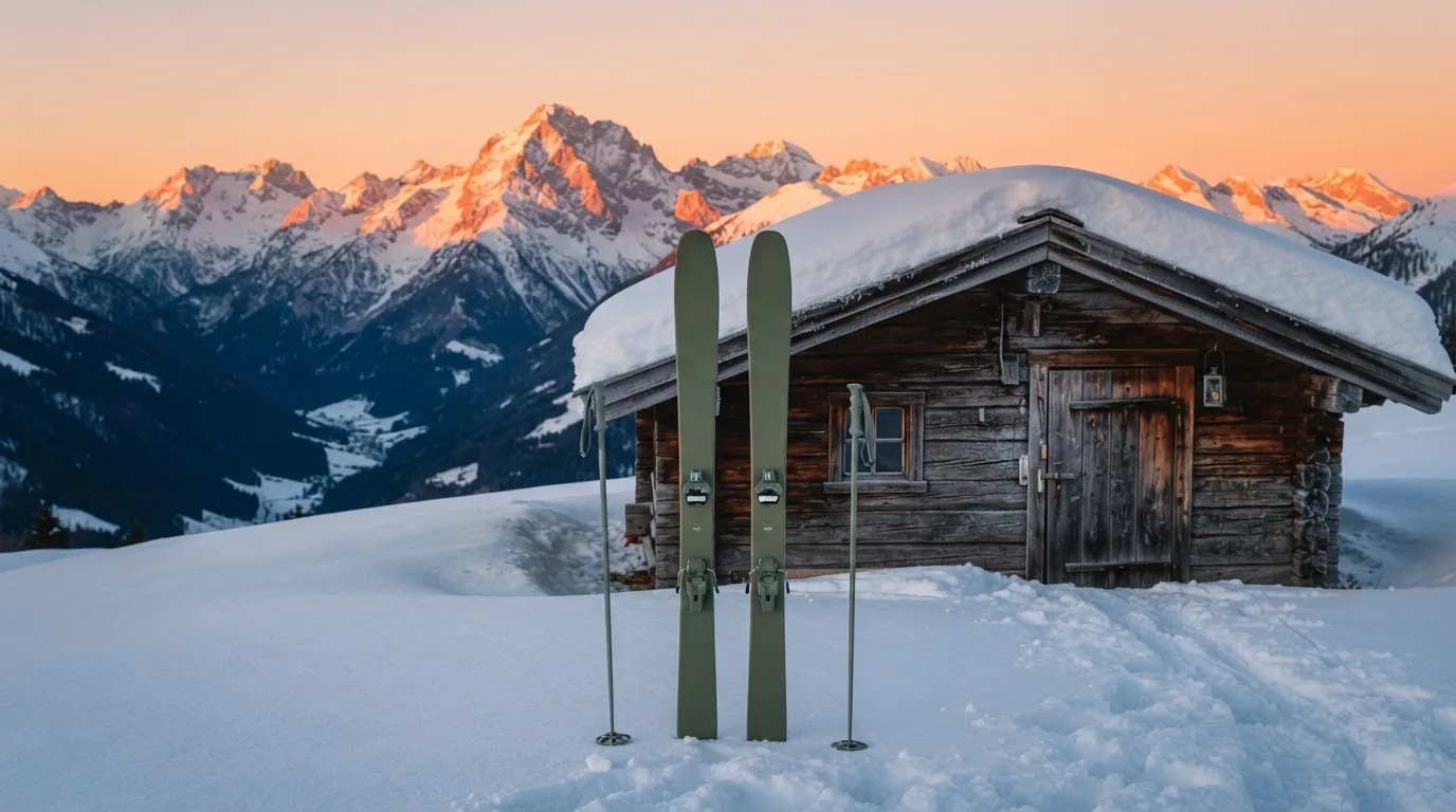 Ein Paar Ski steckt aufrecht im Schnee vor einer Berghütte, im Hintergrund färbt der Sonnenaufgang die Gipfel.
