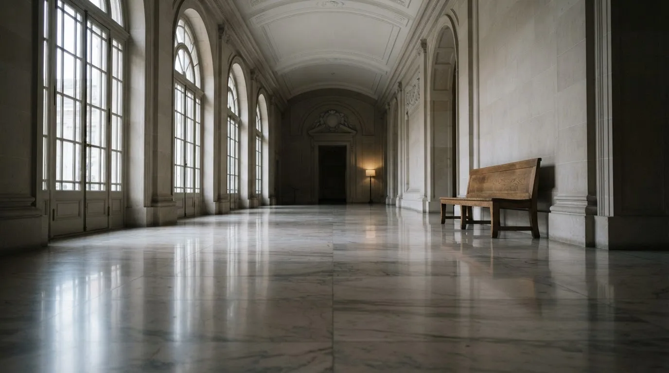 Eine Eingangshalle mit Marmorboden und hohen Fenstern ohne Menschen, Tageslicht spiegelt sich auf dem Boden.