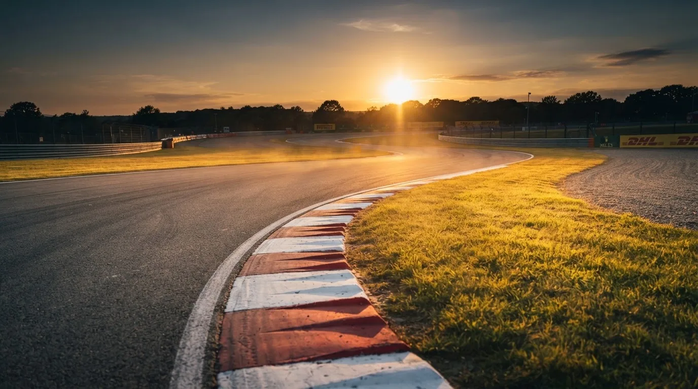 Eine leere Rennstrecke mit rot-weissen Randsteinen im Licht der untergehenden Sonne, Asphalt und Wiese im Gegenlicht.