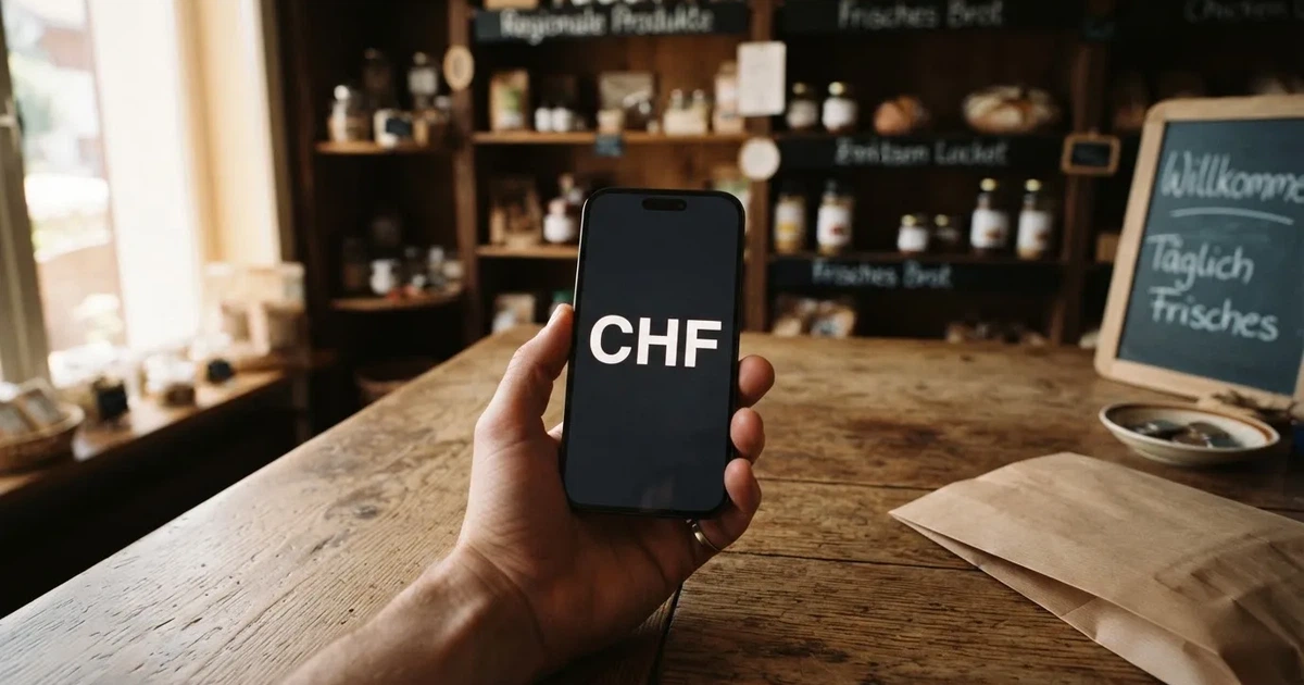 Eine Hand hält ein Smartphone mit dunklem Display knapp über eine hölzerne Ladentheke in einem kleinen Geschäft.
