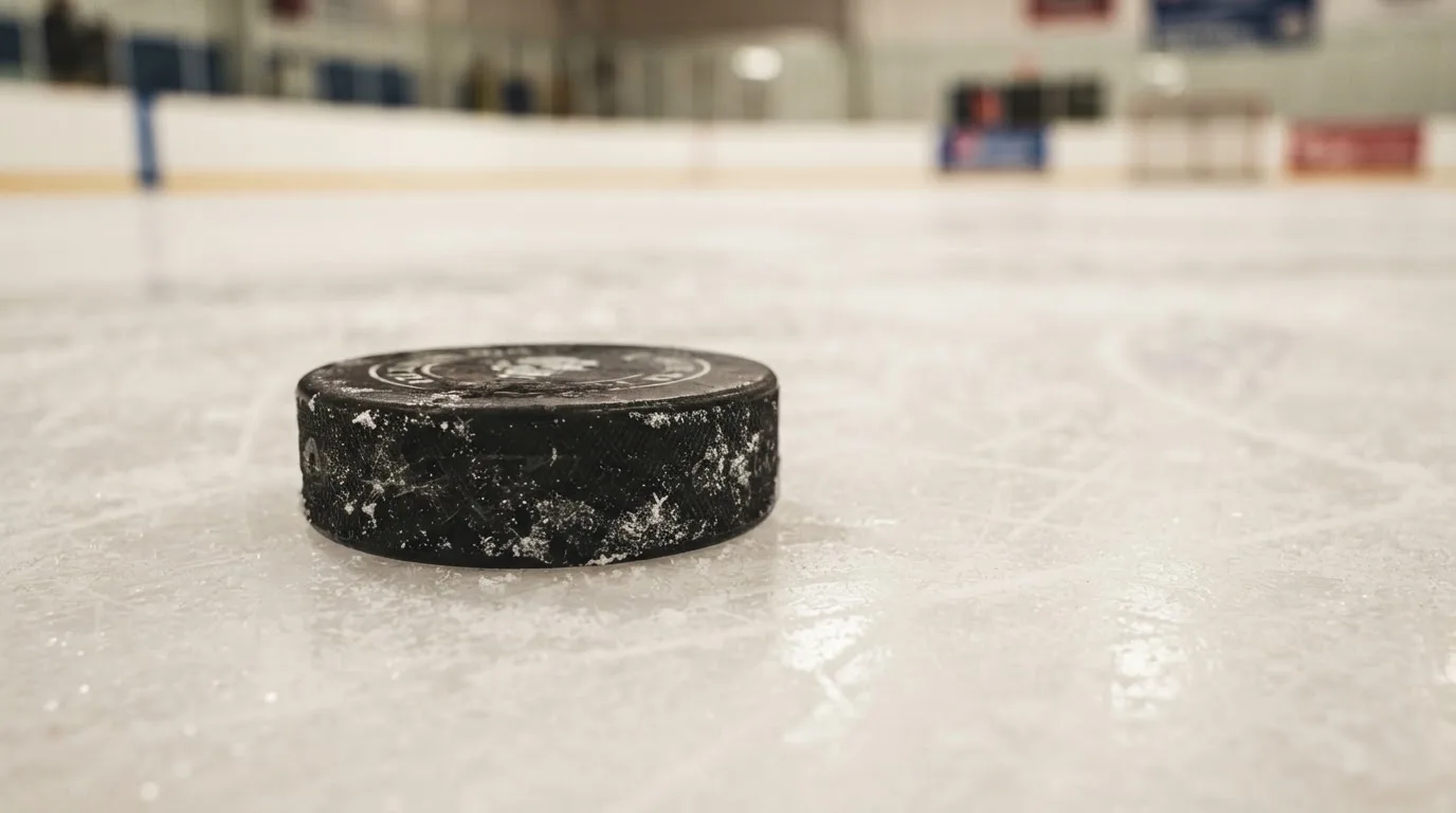 Ein Eishockeypuck liegt in Grossaufnahme auf der Eisfläche, feine Kratzer im Eis glänzen im hellen Hallenlicht.