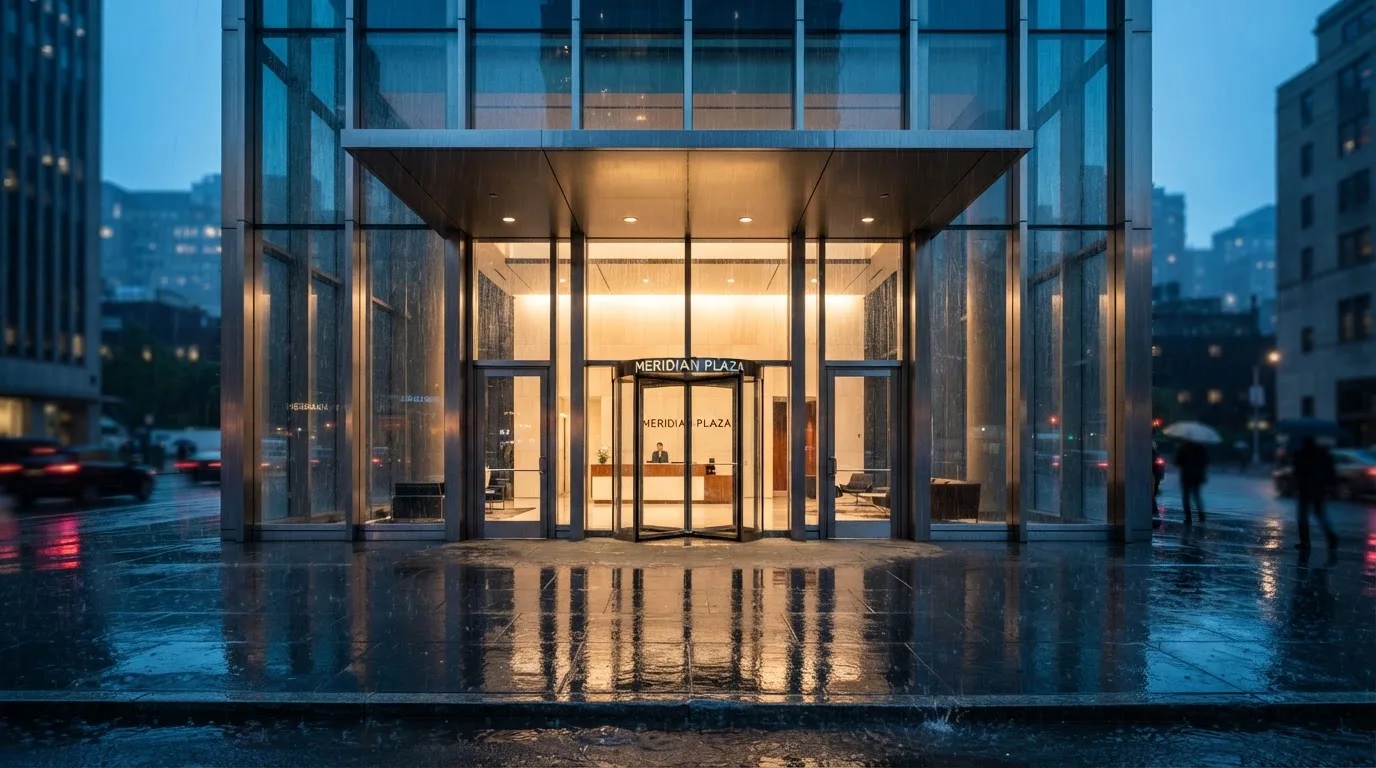 Eine Fassade aus Glas und Stahl am Eingang eines Bürogebäudes im Regen, auf dem nassen Boden spiegelt sich das Licht.