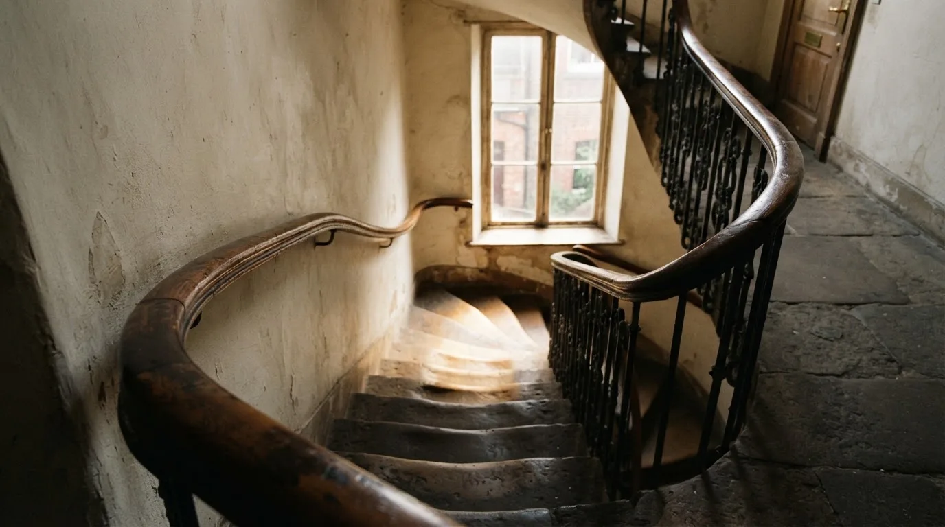 Ein Holzgeländer an einer Treppe in einem Altbau, durch ein Fenster fällt Licht auf die abgetretenen Stufen.