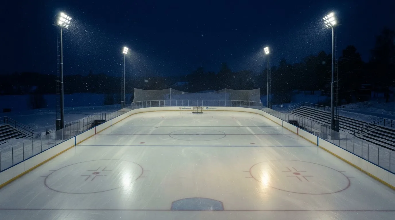 Eine Eishockeybahn liegt unter Flutlicht aus der Ferne betrachtet, leichter Schneefall treibt durch den Lichtkegel über dem Eis.